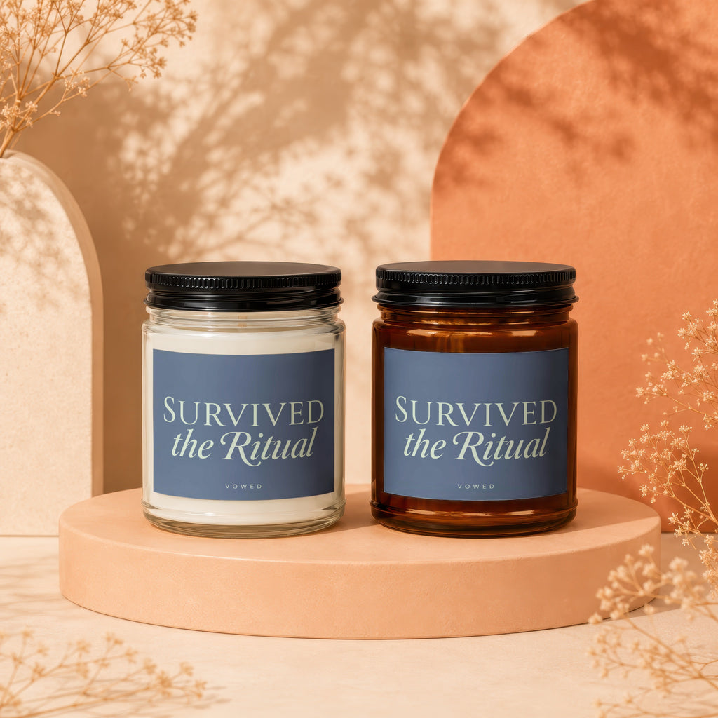 Two "vowed" candles with "SURVIVED the Ritual" text on blue labels.