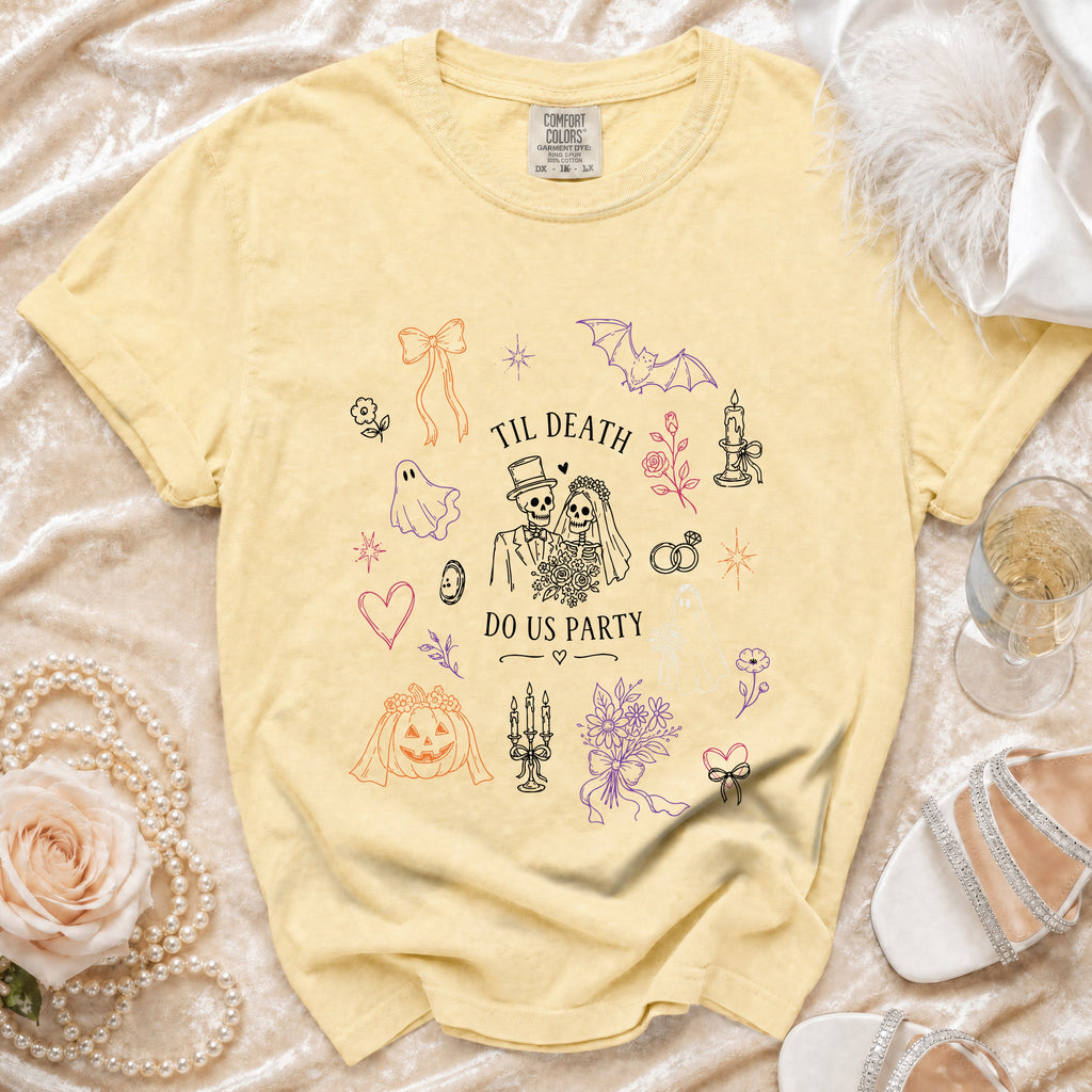 Yellow Comfort Colors t-shirt with "Til Death Do Us Party" text and spooky wedding graphics.
