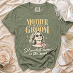Green t-shirt with "MOTHER OF THE GROOM Proudest mom in the room" text.