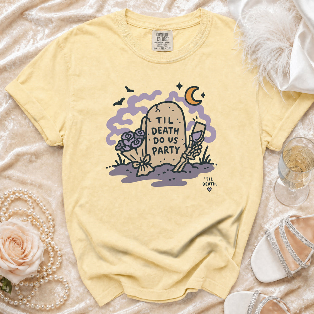Yellow t-shirt with tombstone graphic: "Til Death Do Us Party" and skeleton hand.