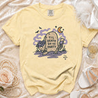 Yellow t-shirt with tombstone graphic: "Til Death Do Us Party" and skeleton hand.
