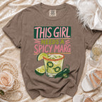 Brown t-shirt with "THIS GIRL NEEDS A SPICY MARG" graphic and a margarita.