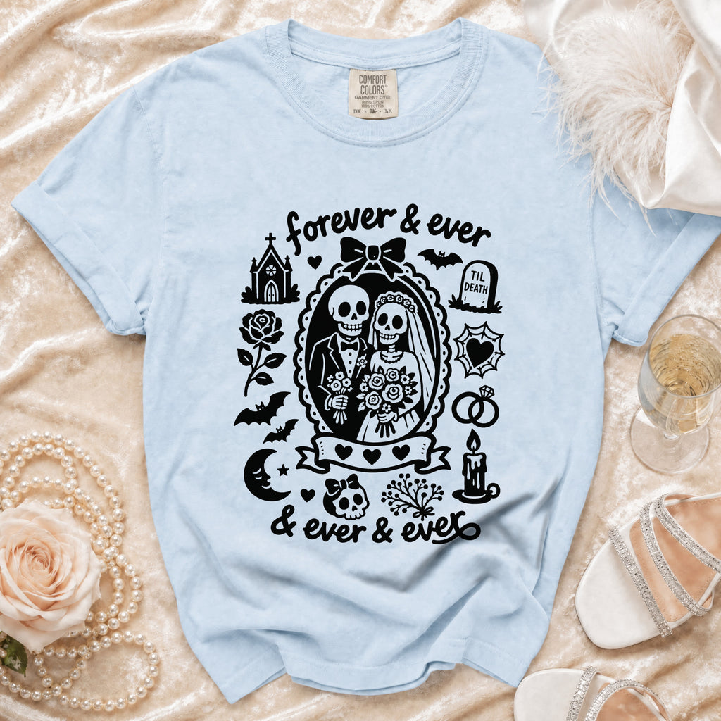 Light blue t-shirt with skeleton couple graphic and "forever & ever & ever & ever" text.