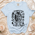 Light blue t-shirt with skeleton couple graphic and "forever & ever & ever & ever" text.