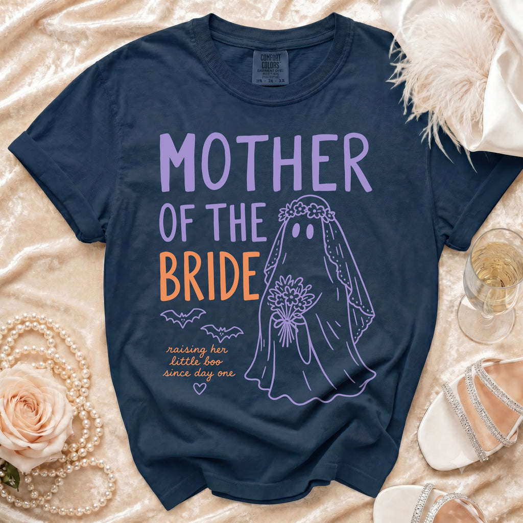 Navy t-shirt with "MOTHER OF THE BRIDE" and a ghost bride graphic.