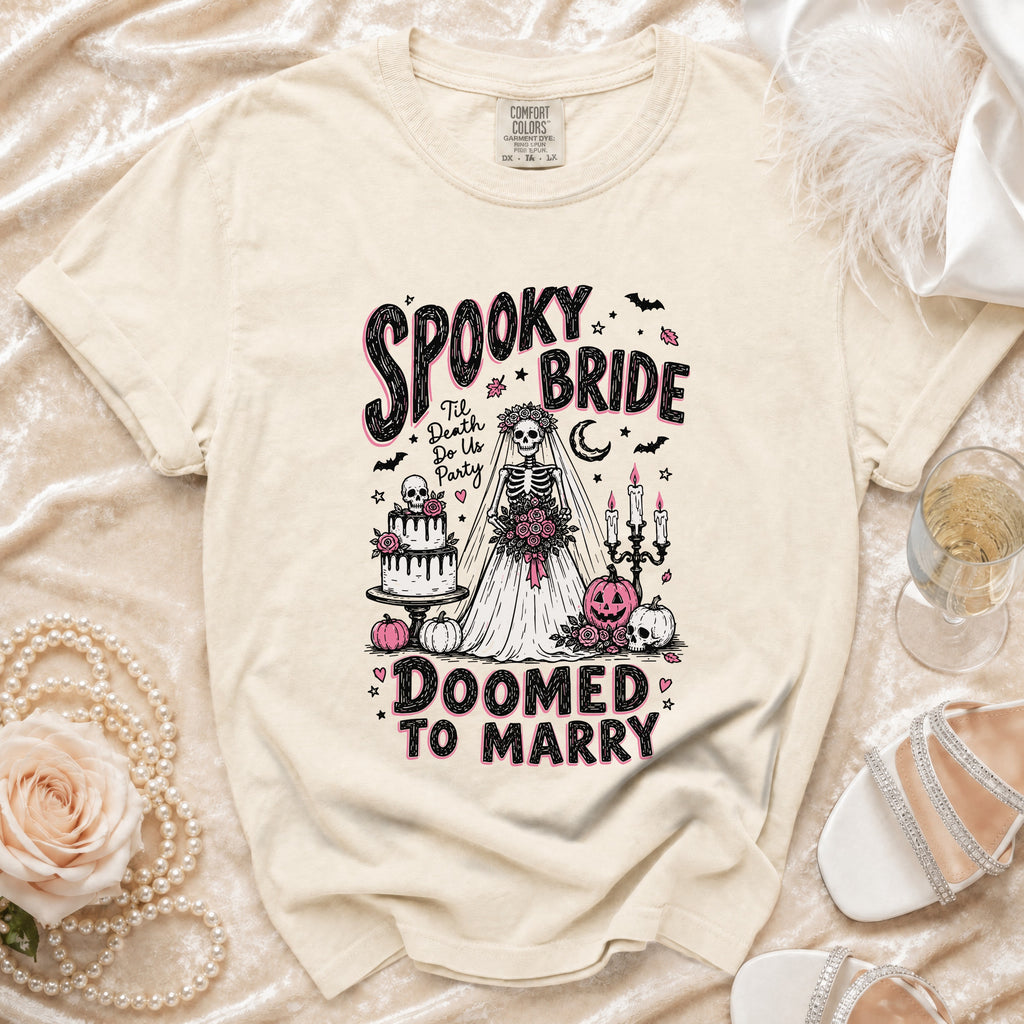 T-shirt with "Spooky Bride" and skeleton bride design.