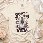 T-shirt with "Spooky Bride" and skeleton bride design.