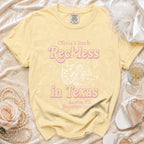 Light yellow t-shirt with "Olivia's Bach Reckless in Texas Austin, TX Summer 2026" text.