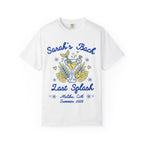 White t-shirt with "Sarah's Bach Last Splash Malibu, CA Summer 2026" design.