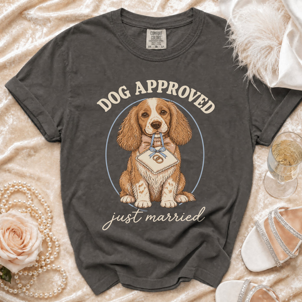 Grey t-shirt with a dog graphic saying "Dog Approved Just Married".
