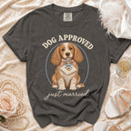 Grey t-shirt with a dog graphic saying "Dog Approved Just Married".