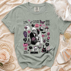Skeleton bride and groom on a t-shirt with Halloween-themed graphics and text.