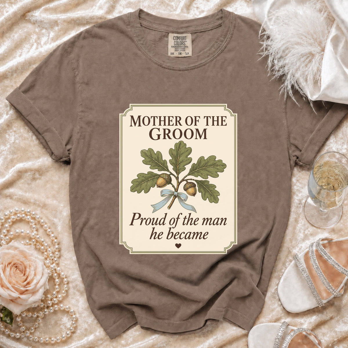 Brown t-shirt with "Mother of the Groom" and oak leaves graphic.