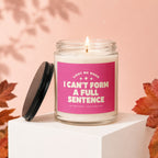Jar candle with pink label reading "Light Me When I Can't Form A Full Sentence."
