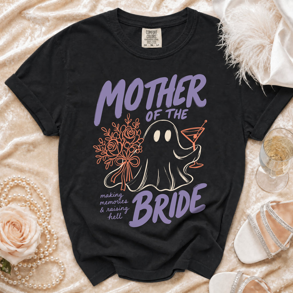 Black t-shirt with ghost, bouquet, and "Mother of the Bride" text.