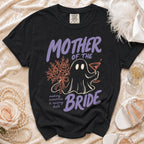 Black t-shirt with ghost, bouquet, and "Mother of the Bride" text.