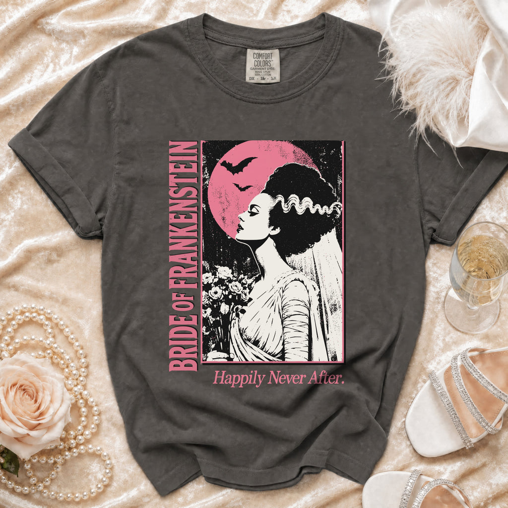 Bride of Frankenstein t-shirt with pink moon, bats, and text.