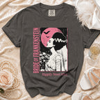 Bride of Frankenstein t-shirt with pink moon, bats, and text.