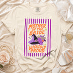 Cream t-shirt with "Mother of the Bride Wickedly Proud" text and witch hat graphic.