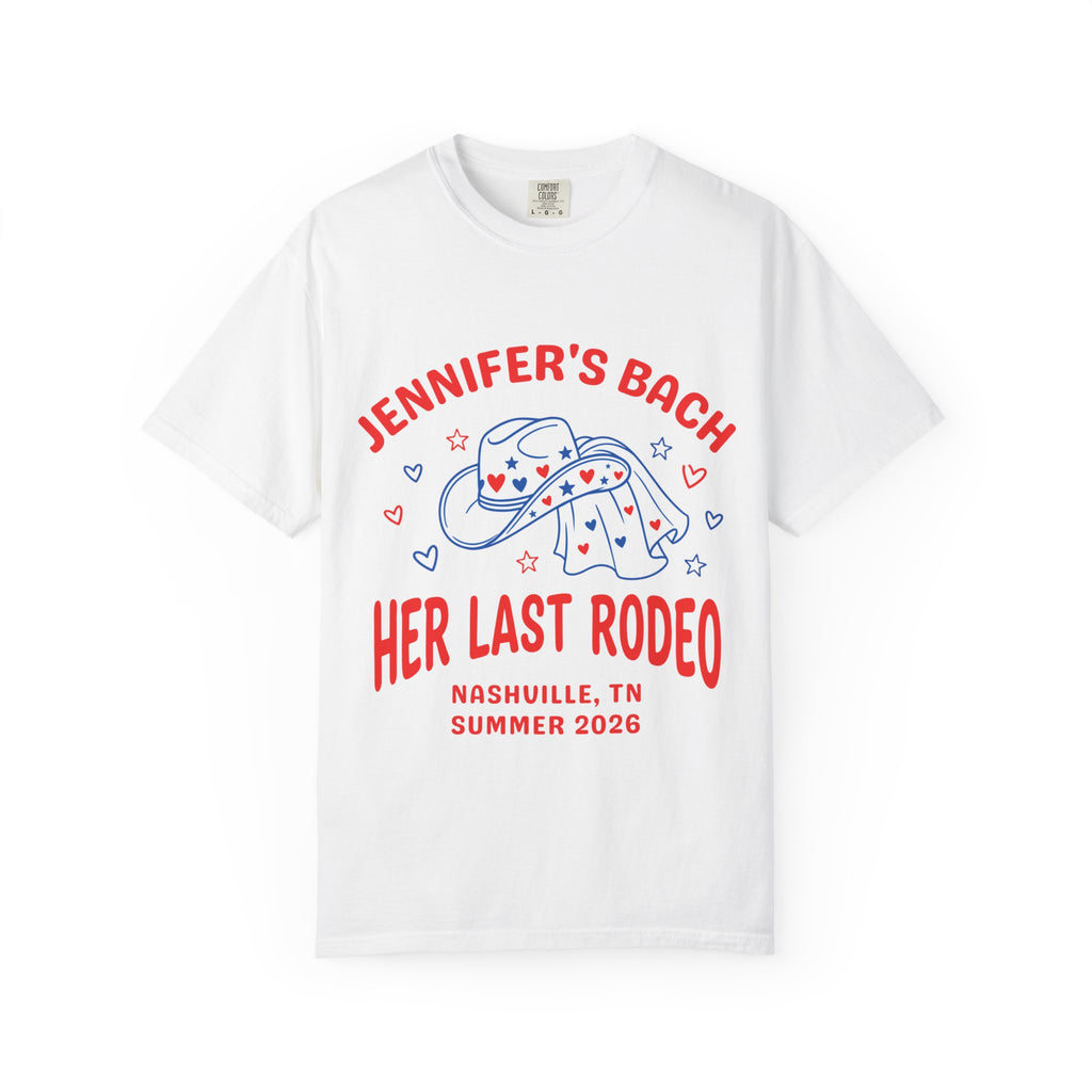 White t-shirt with "Jennifer's Bach" and "Her Last Rodeo" text.