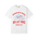 White t-shirt with "Jennifer's Bach" and "Her Last Rodeo" text.