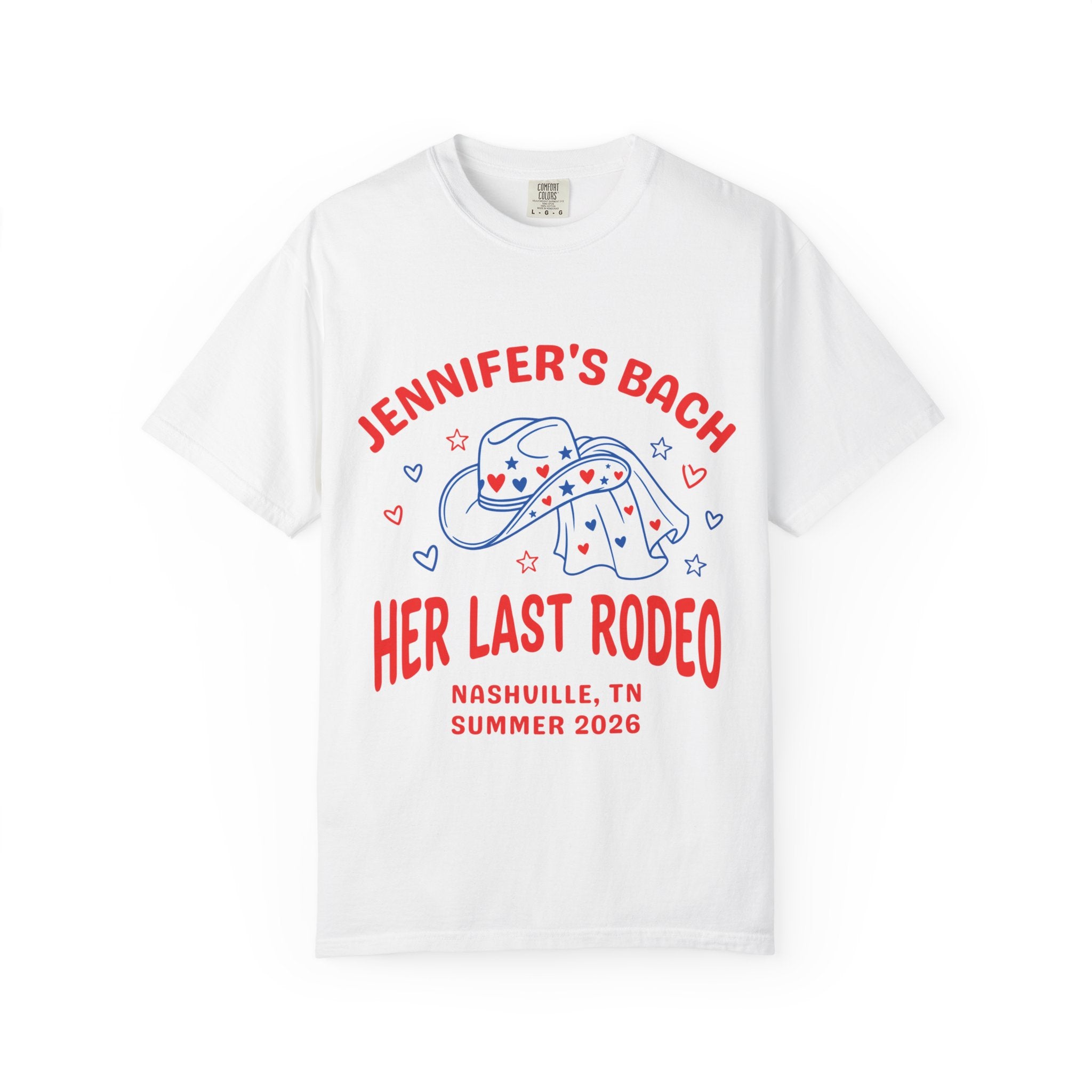 White t-shirt with "Jennifer's Bach" and "Her Last Rodeo" text.