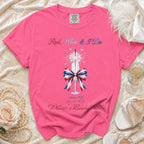 Pink t-shirt with "Red, White & I Do" and bachelorette details.
