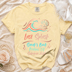Yellow t-shirt with "Last Splash Sarah's Bach Malibu, CA Summer 2026" text.