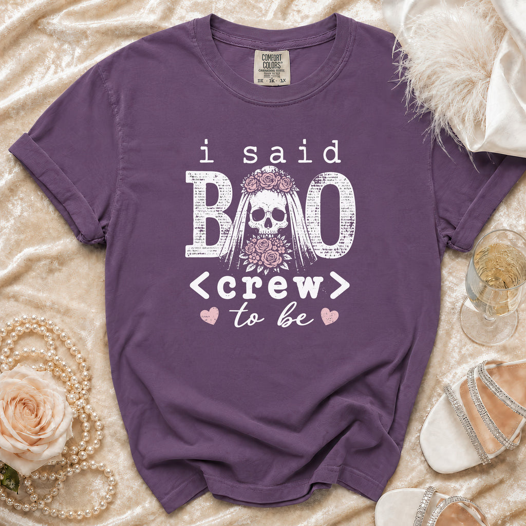 Purple t-shirt with "I Said Boo Crew to Be" text and skull graphic.