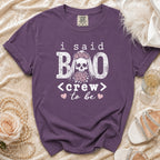 Purple t-shirt with "I Said Boo Crew to Be" text and skull graphic.