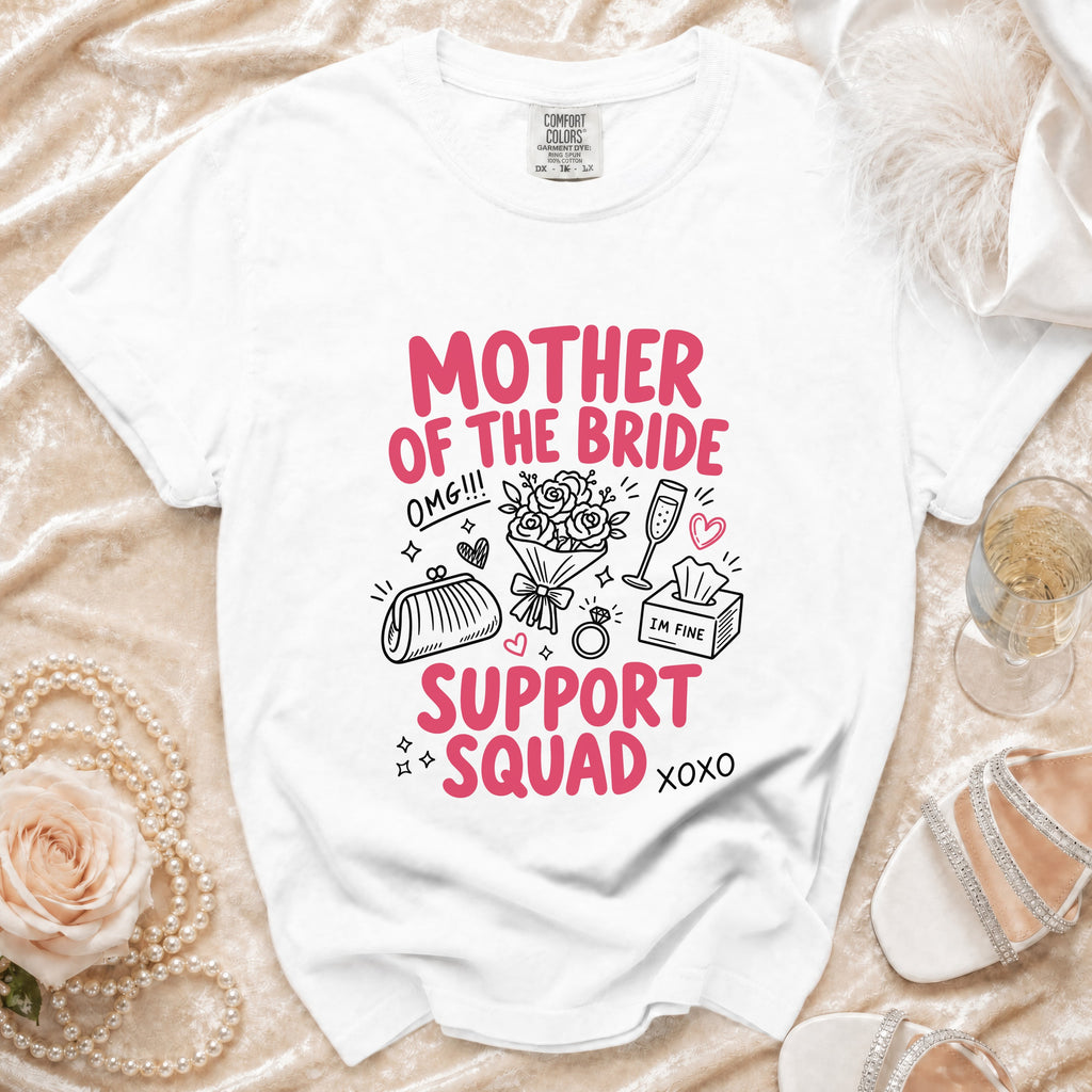 White t-shirt with "Mother of the Bride Support Squad" text and bridal icons.