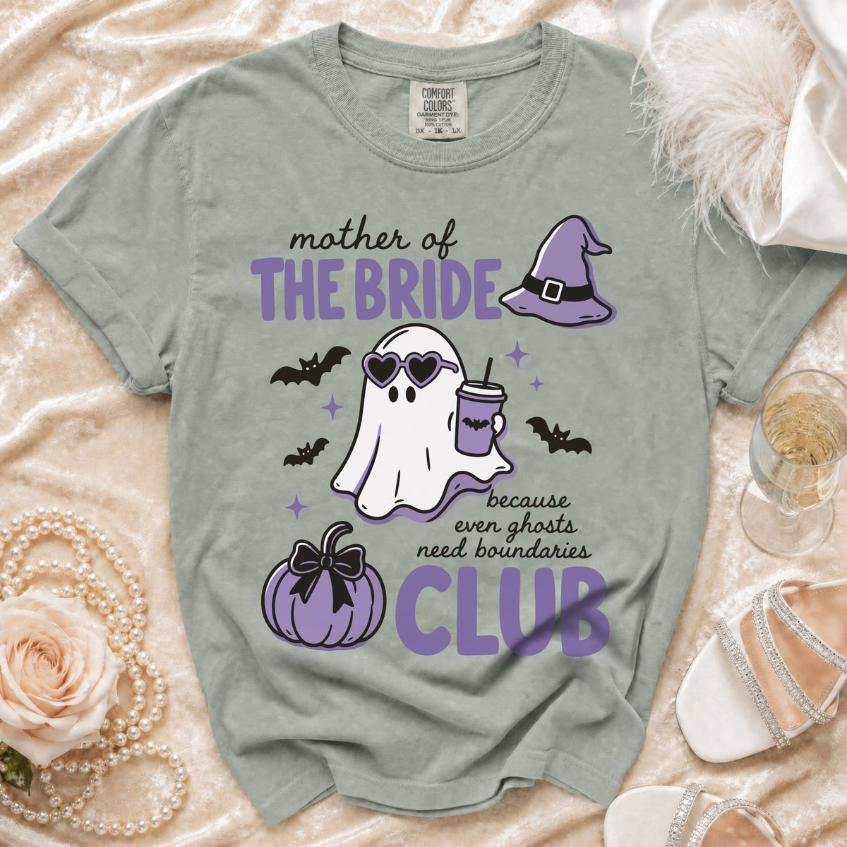 T-shirt with ghost graphic, "Mother of the Bride," and "Club" text.