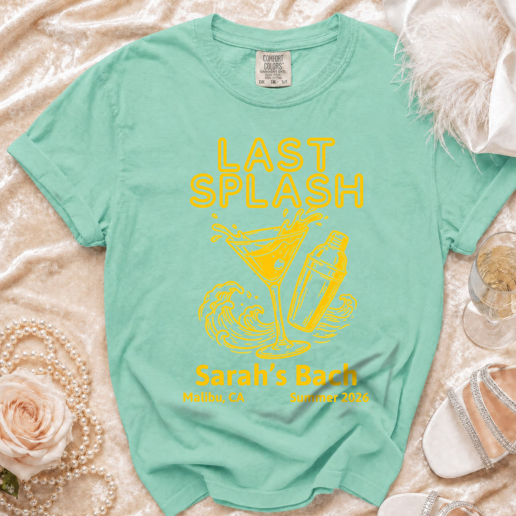 Teal t-shirt with "LAST SPLASH Sarah's Bach" in yellow graphic.