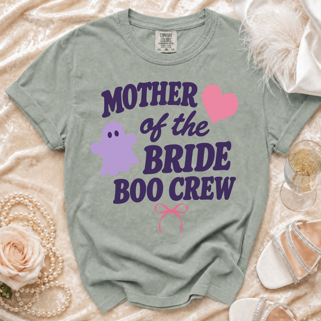 T-shirt with purple text "Mother of the Bride Boo Crew," a ghost, and a heart.