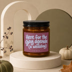 Candle with text "Here for the gay agenda (a wedding)" and "VOWED".