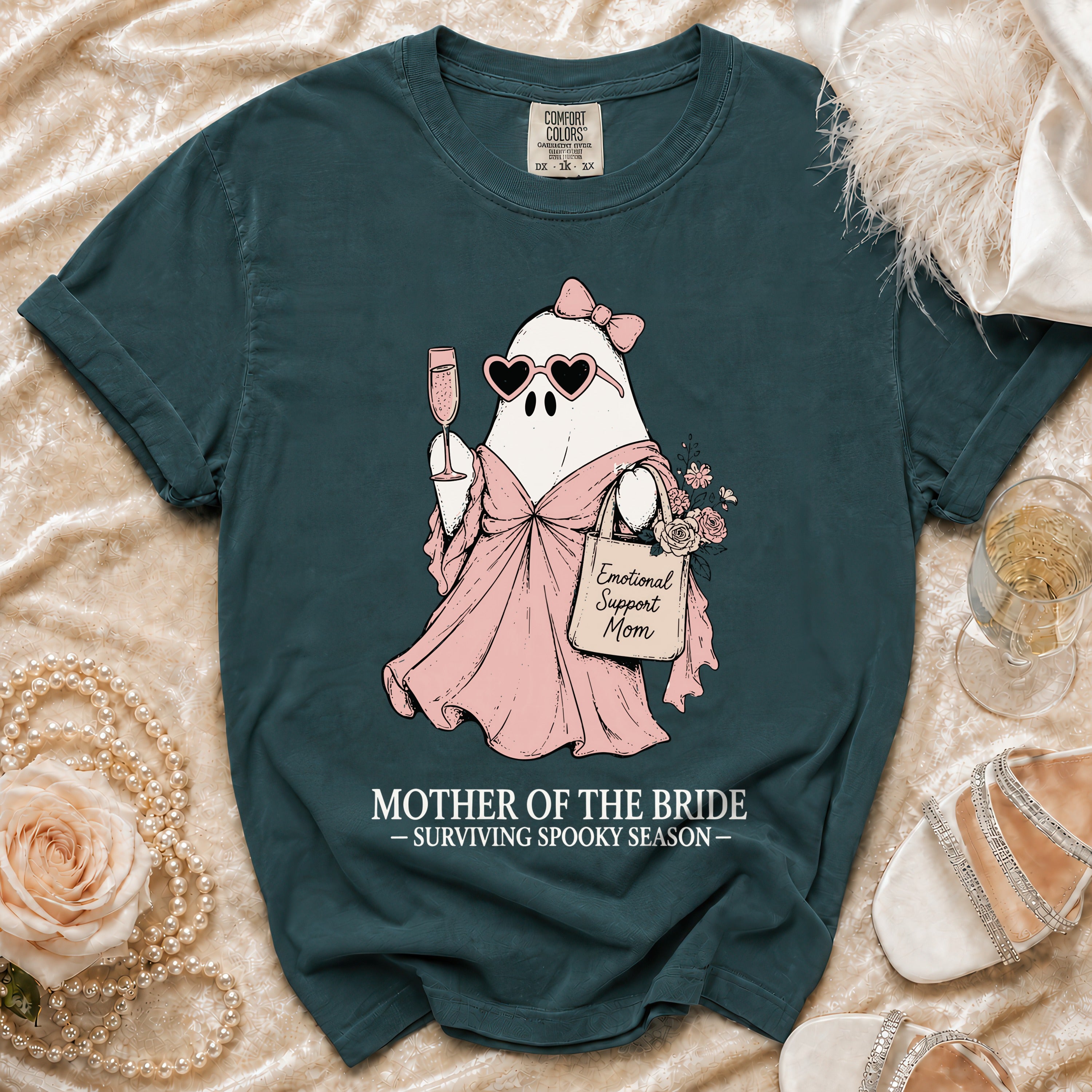 Ghost with champagne and "Emotional Support Mom" bag, "Mother of the Bride" text.