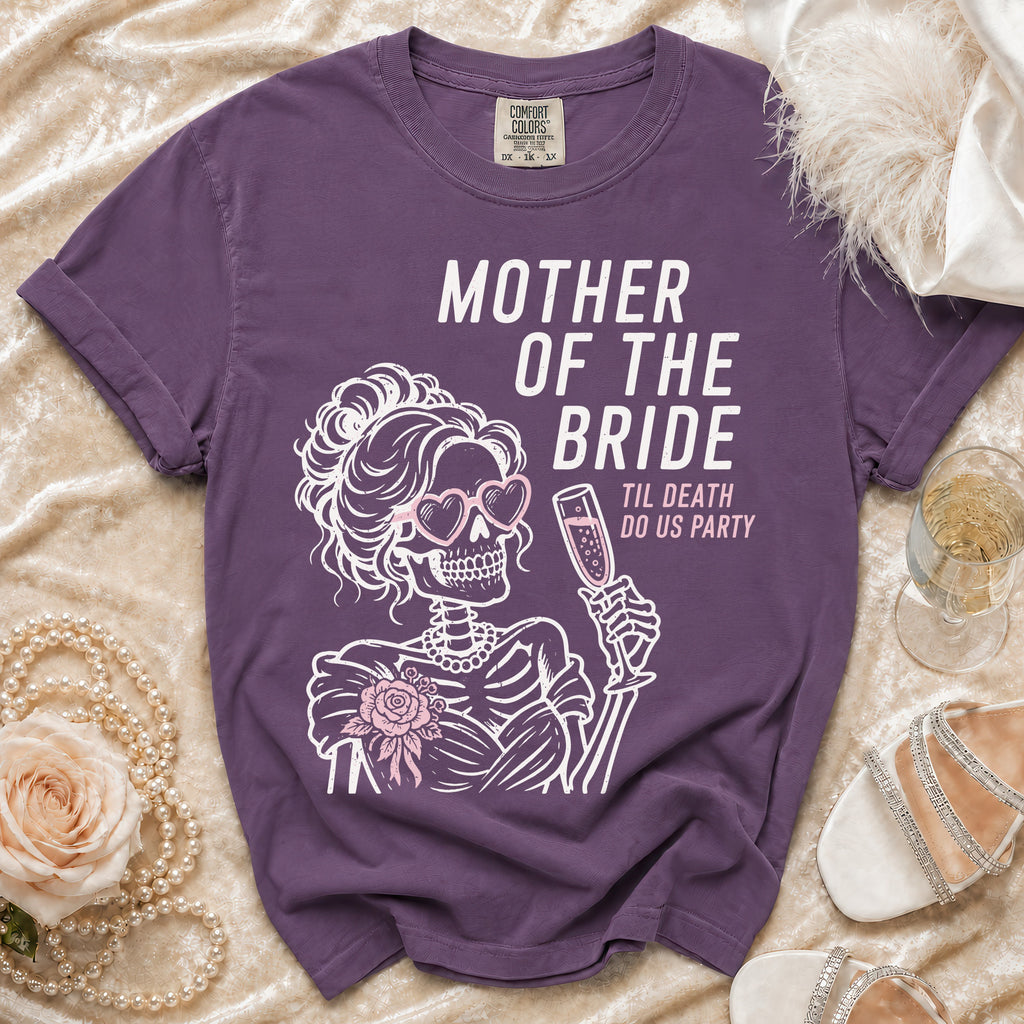 Purple t-shirt with skeleton bride graphic reading "Mother of the Bride Til Death Do Us Party."