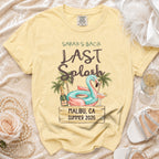 Yellow t-shirt with "Sarah's Bach Last Splash Malibu, CA Summer 2026" text.