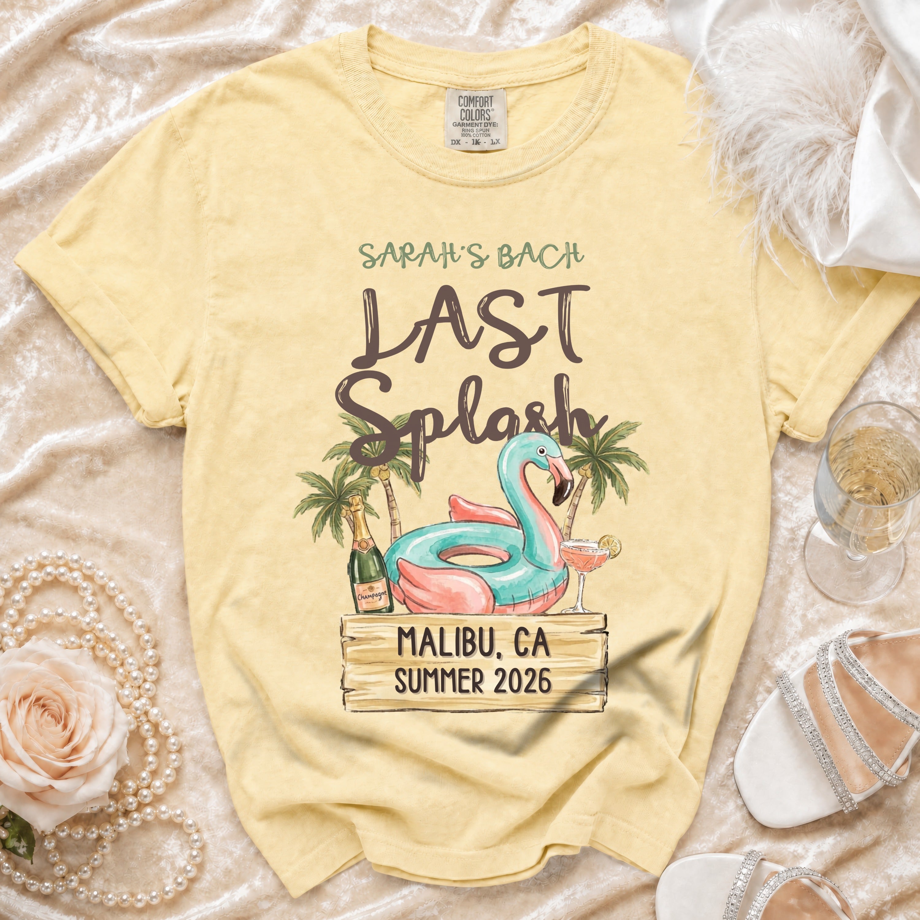 Yellow t-shirt with "Sarah's Bach Last Splash Malibu, CA Summer 2026" text.