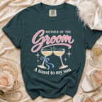 Mother of the Groom t-shirt with champagne glasses and "A toast to my son" text.