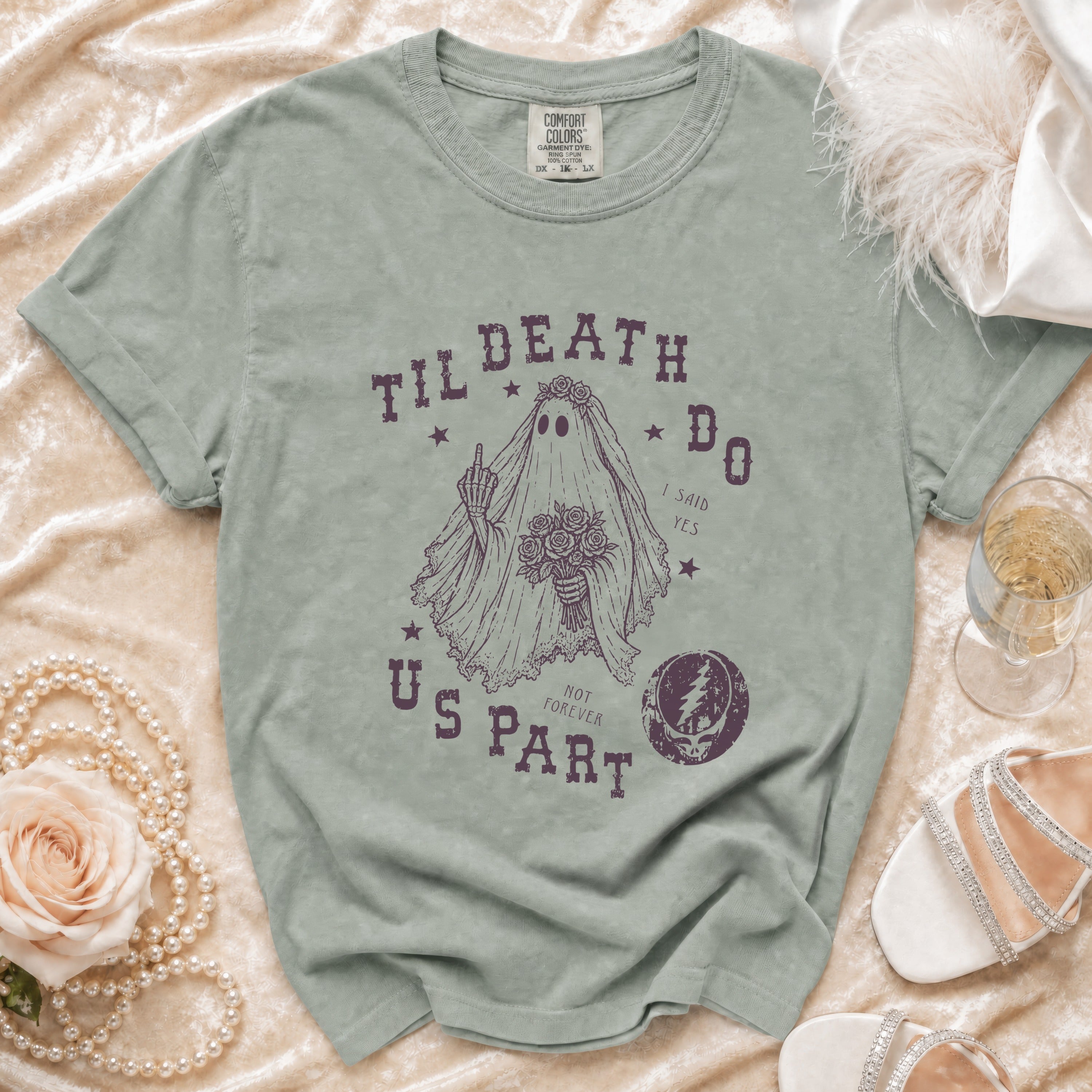T-shirt with ghost bride design saying "Til Death Do Us Part Not Forever".