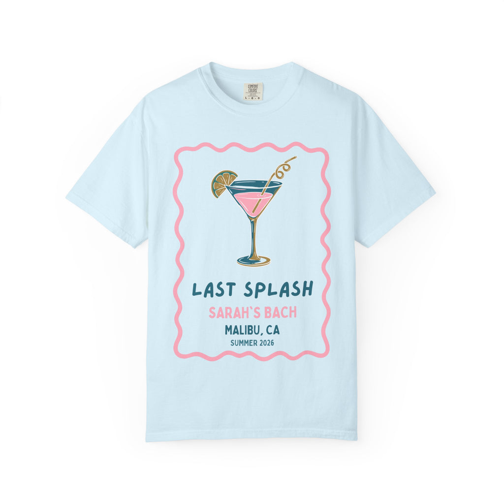 Light blue t-shirt with "Last Splash" cocktail graphic for a bachelorette party.