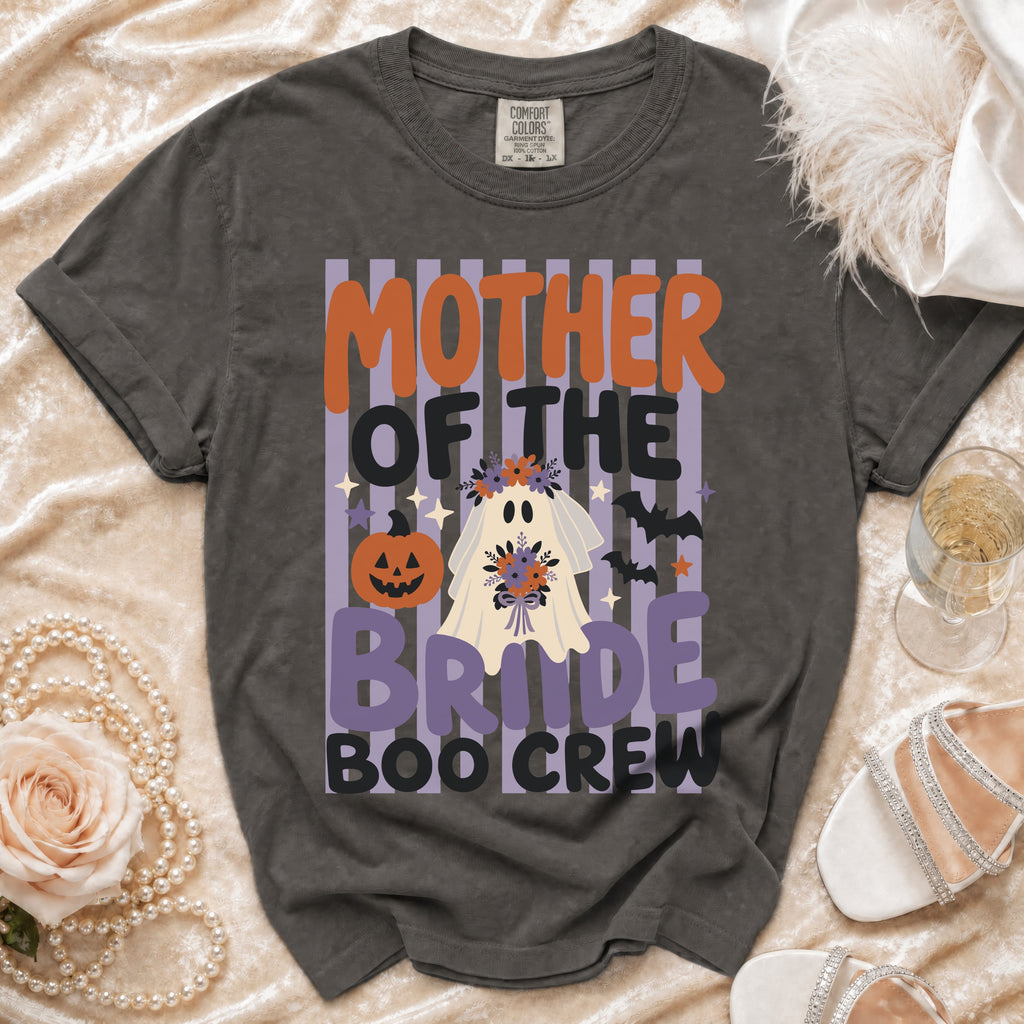 Dark gray t-shirt with "Mother of the Bride Boo Crew" graphic featuring a ghost.