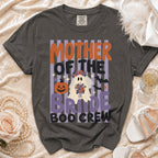 Dark gray t-shirt with "Mother of the Bride Boo Crew" graphic featuring a ghost.