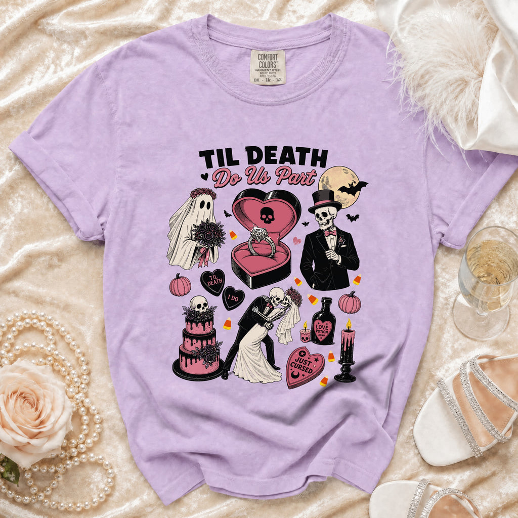 Purple t-shirt with "Til Death Do Us Part" Halloween wedding skeleton graphic.