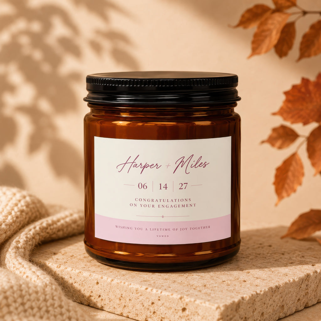 Amber jar candle for Harper and Miles, congratulating them on their engagement.