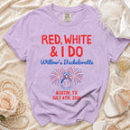 Purple t-shirt with "Red, White & I Do Willow's Bachelorette" and event details.