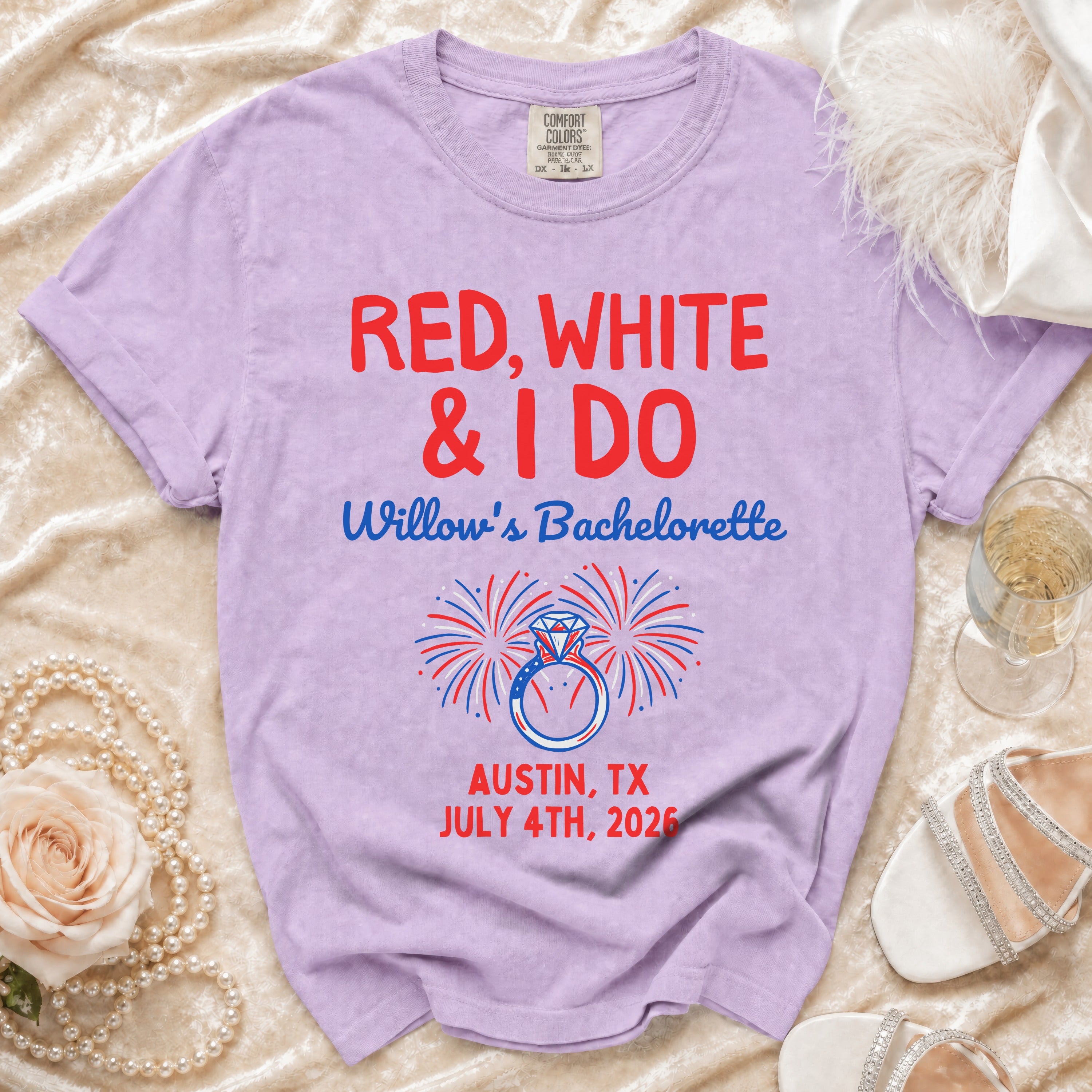 Purple t-shirt with "Red, White & I Do Willow's Bachelorette" and event details.