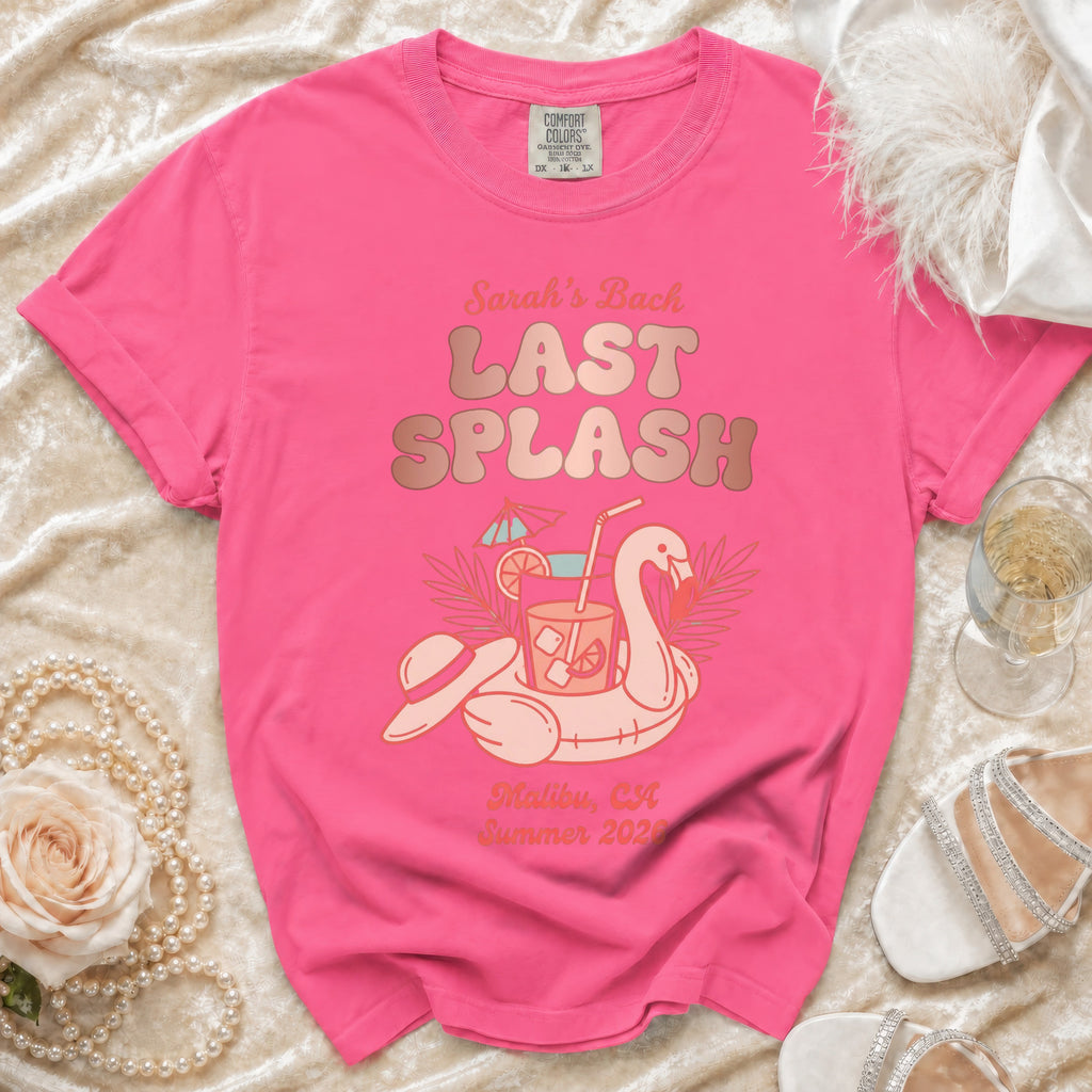 Pink t-shirt with "Sarah's Bach Last Splash" text and flamingo float.