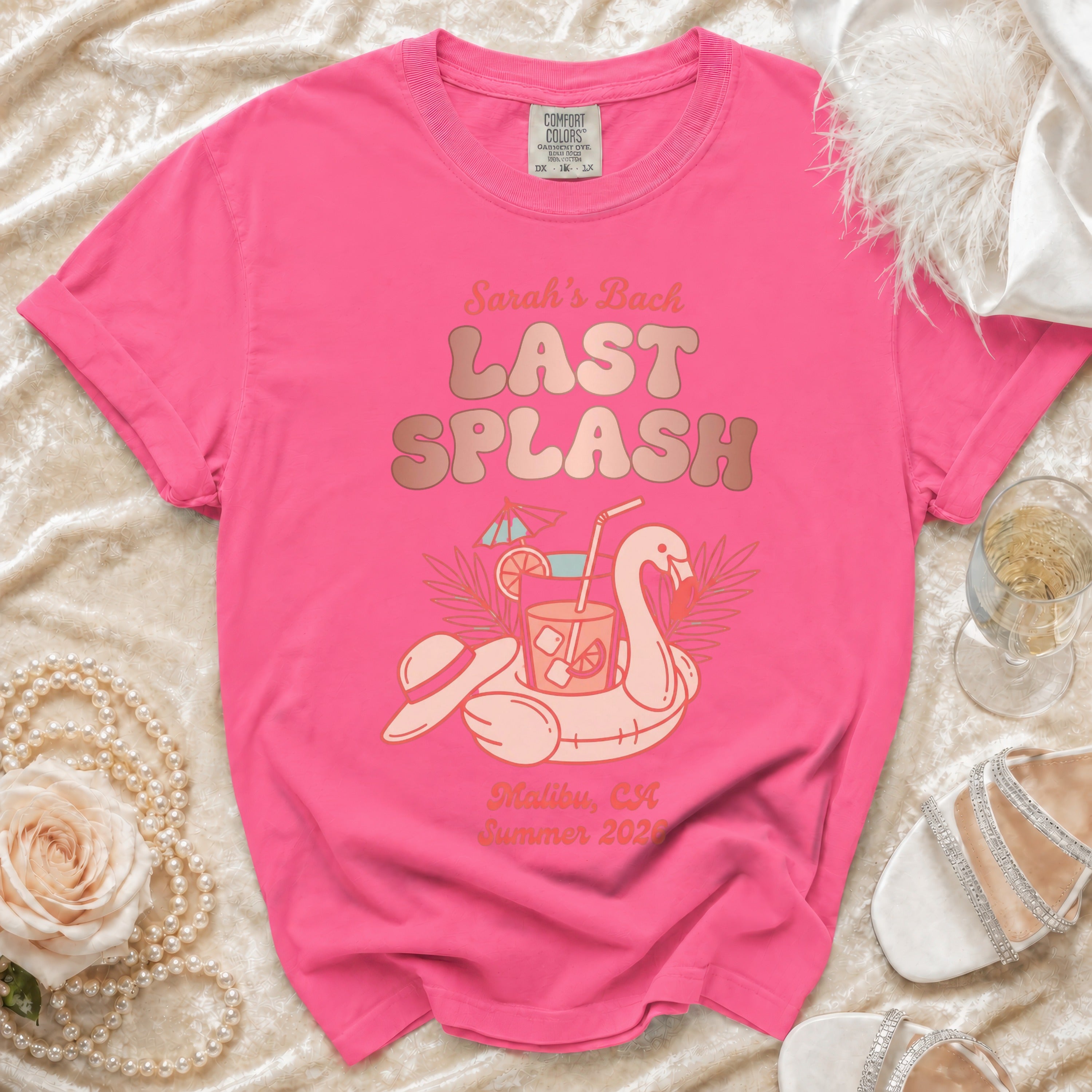Pink t-shirt with "Sarah's Bach Last Splash" text and flamingo float.
